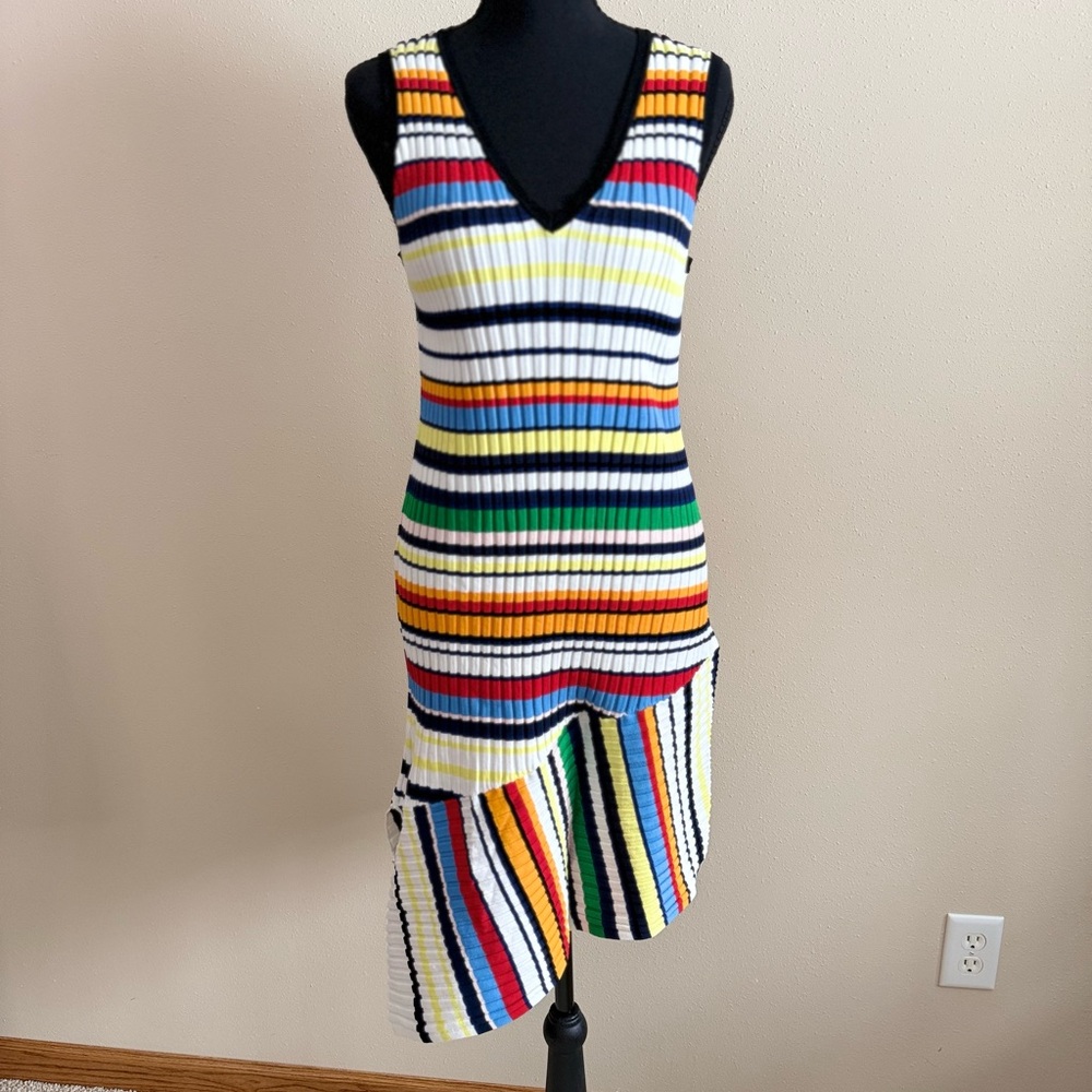 Milly Striped Knit Dress Asymmetrical Hem V Neck Multicolor Size L - Picture 2 of 13